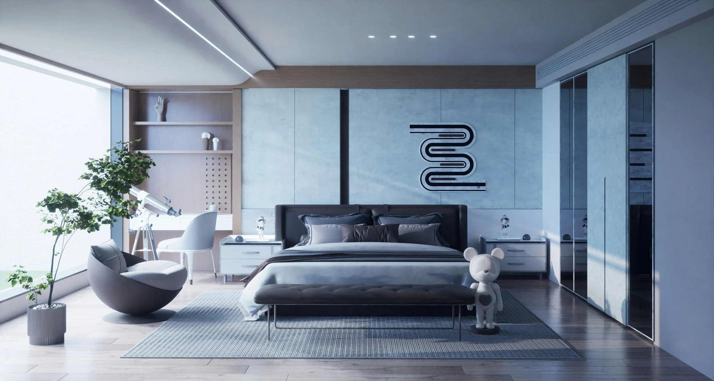 Modern bedroom with a black bed, white nightstands, and abstract wall art; large window with natural light; decorative teddy bear and sculpture in the room.