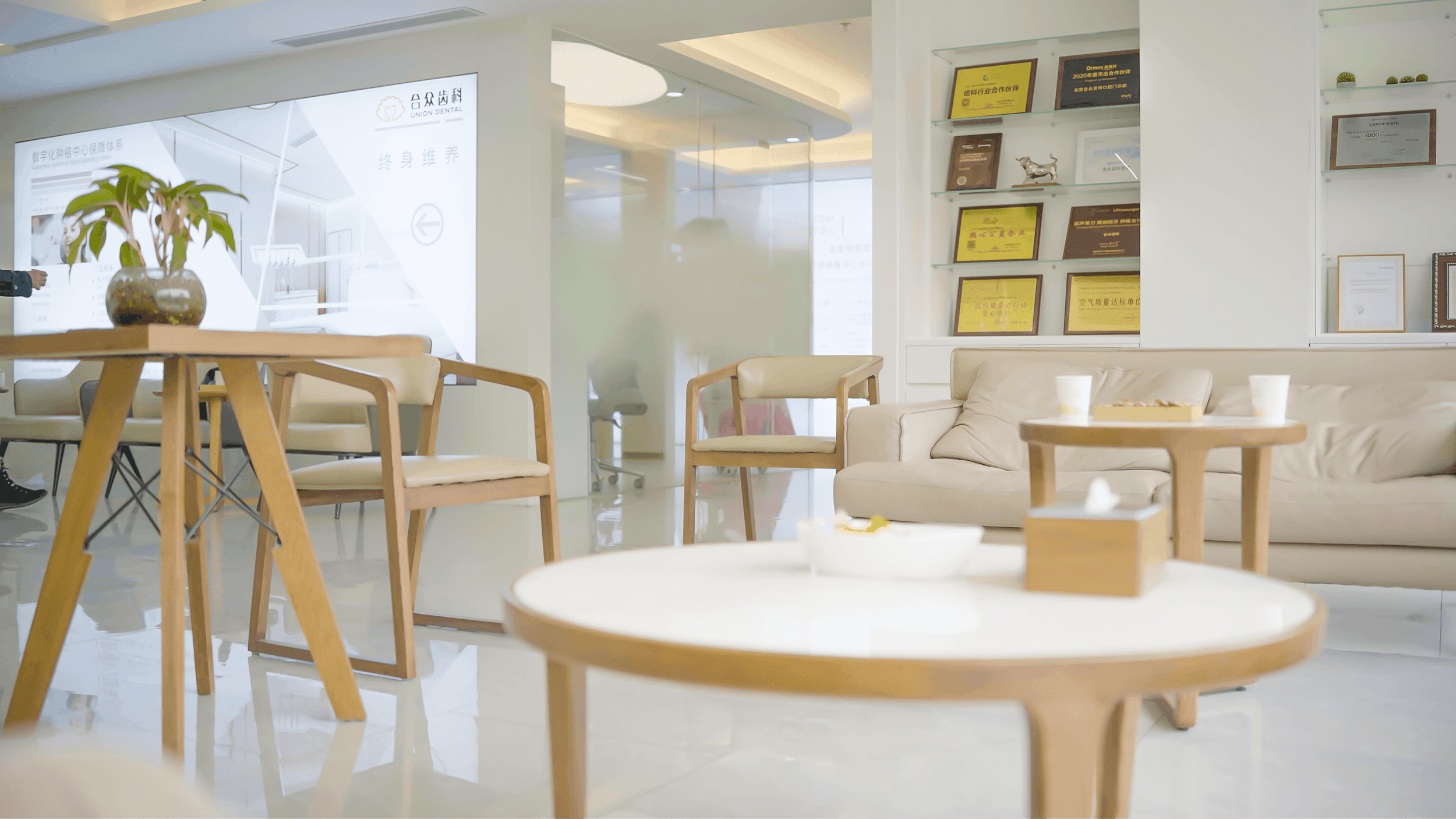 A modern waiting area with white sofas, wooden chairs and tables, a potted plant, and walls decorated with certificates and awards.