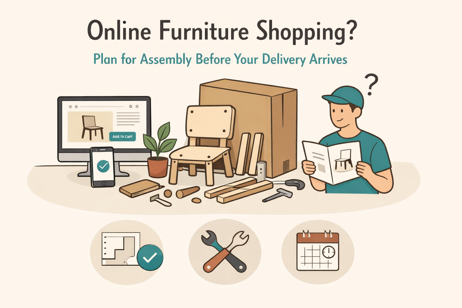 Minimalist illustration of online furniture shopping and flat pack assembly planning before delivery