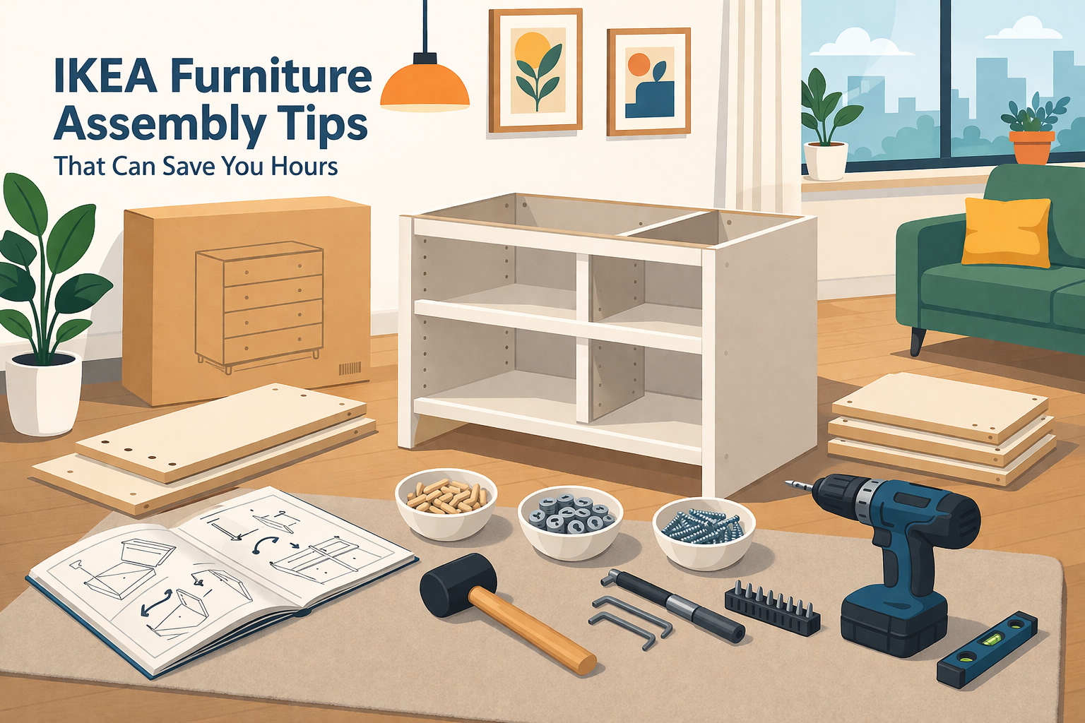 Illustrated IKEA furniture assembly scene with tools, organized parts, and partially built cabinet in a clean modern workspace