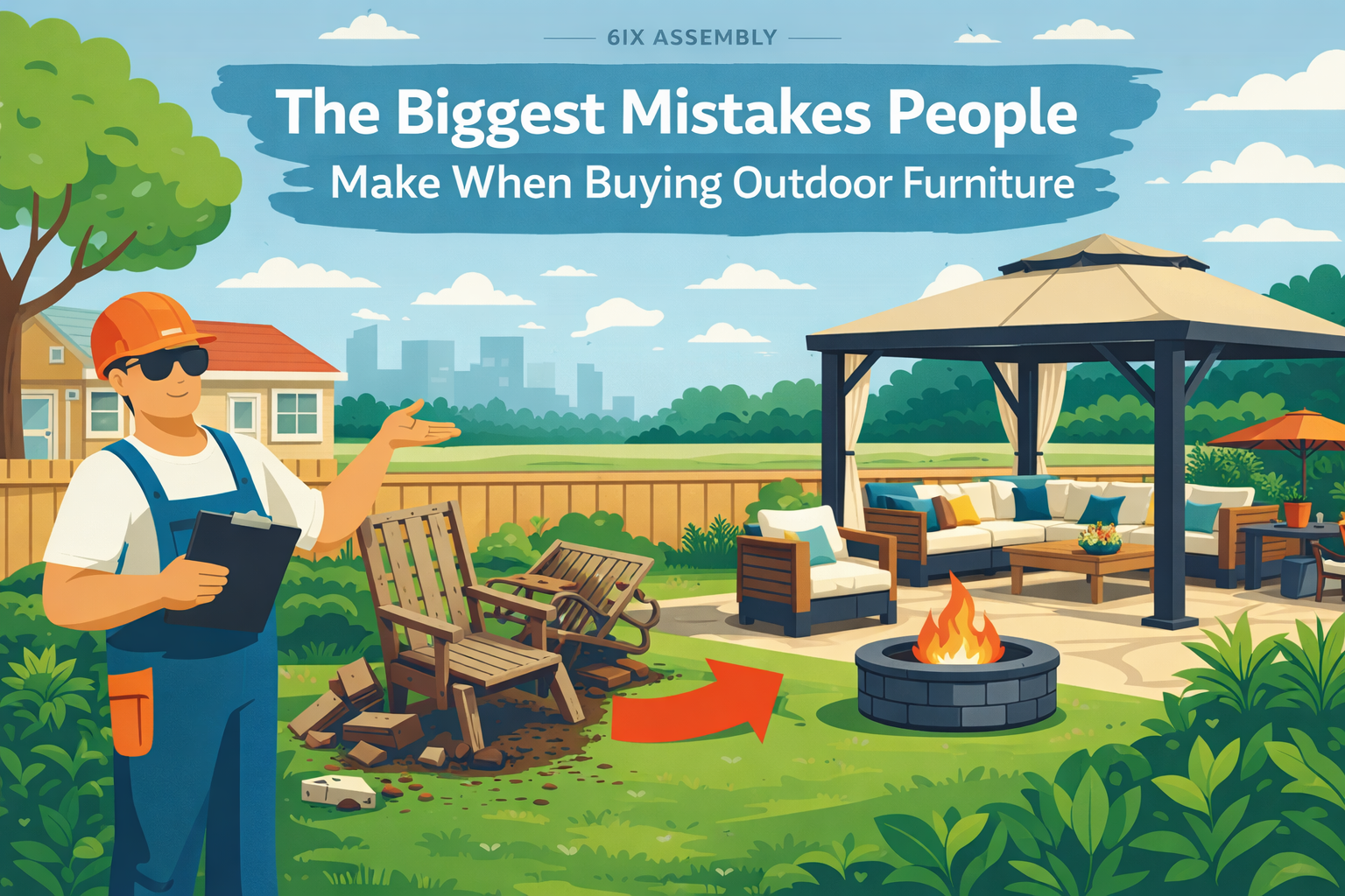 Illustration of backyard showing broken outdoor furniture replaced with a modern gazebo and patio setup, highlighting common outdoor furniture buying mistakes and better choices