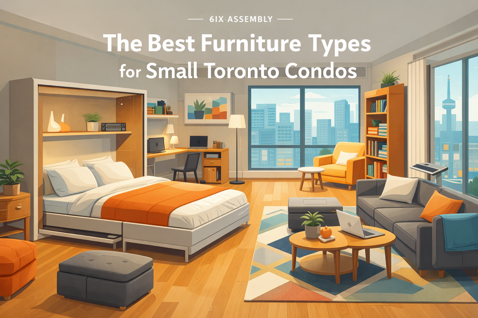 Illustrated modern Toronto condo featuring space-saving furniture including a wall bed, modular sofa, storage ottoman, and compact living layout with city skyline view