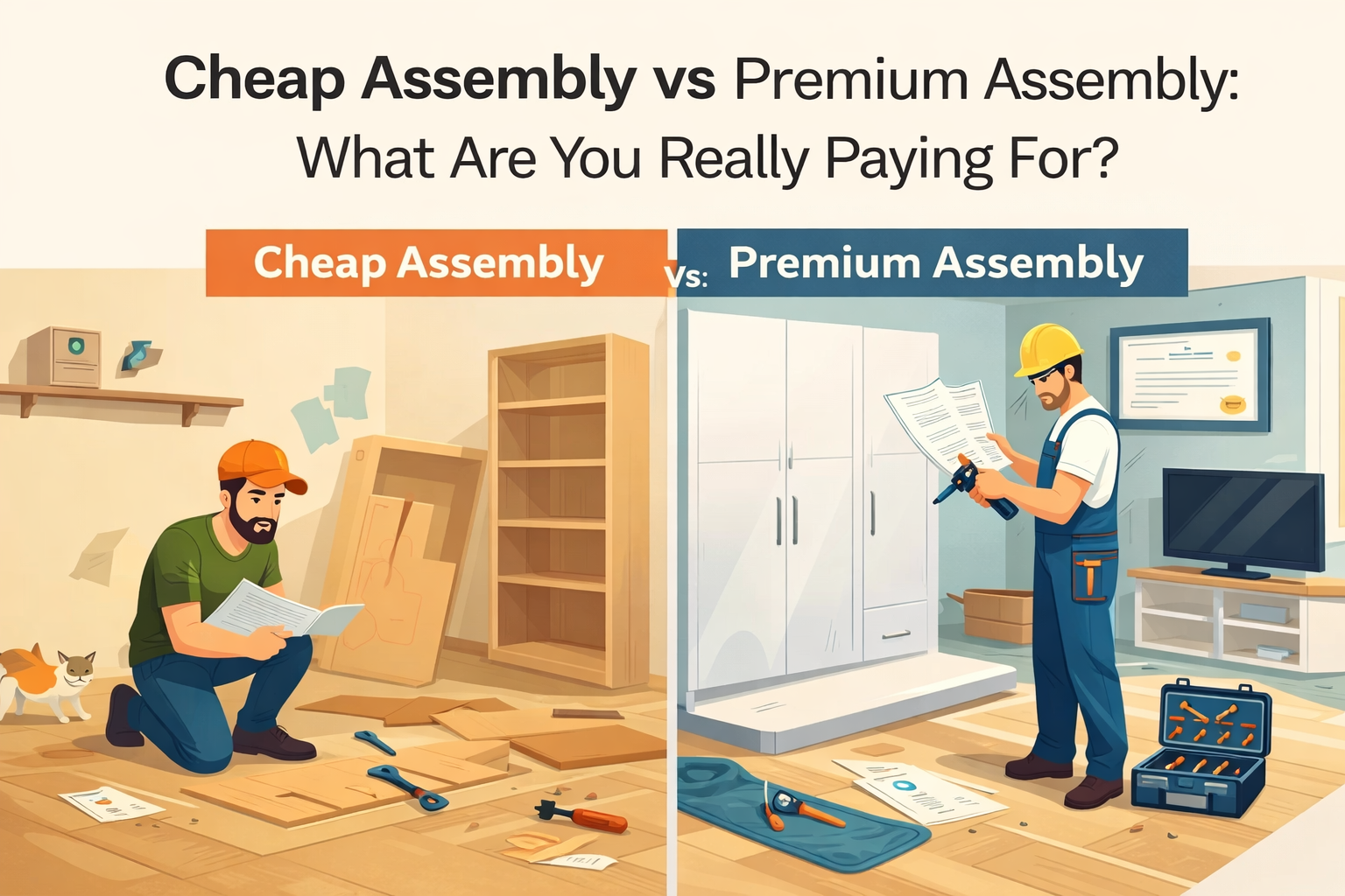 Illustration comparing cheap furniture assembly versus premium professional furniture assembly in Toronto, showing differences in workmanship, tools, safety, and service quality.