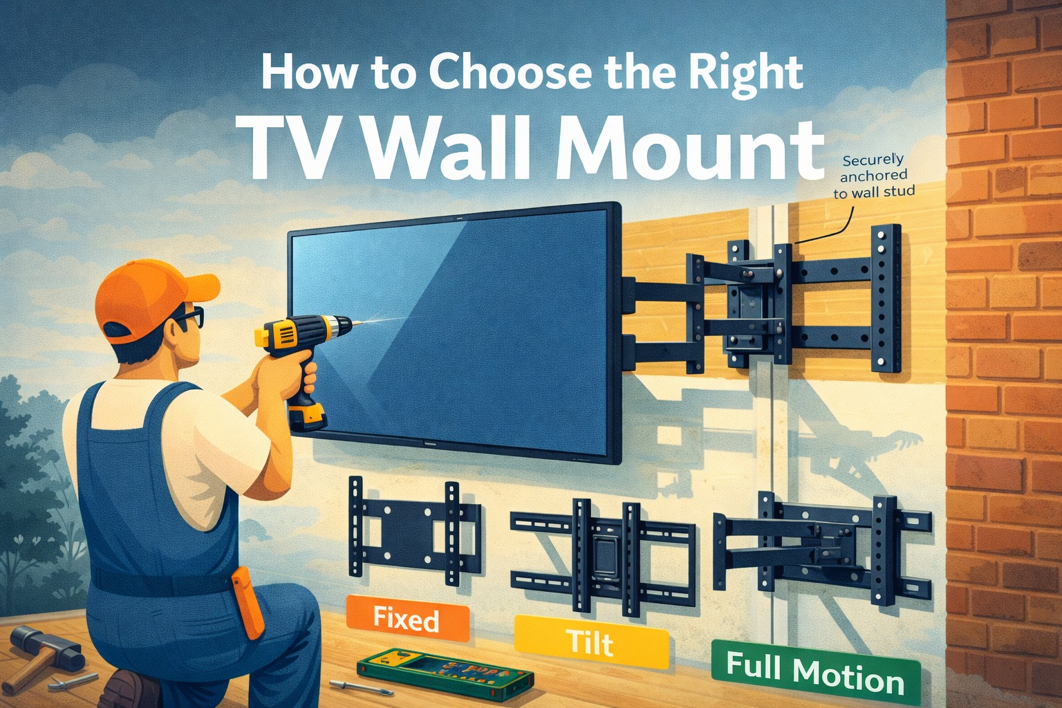 Illustration showing fixed, tilt, and full motion TV wall mount types with a technician installing a television and comparing bracket options.