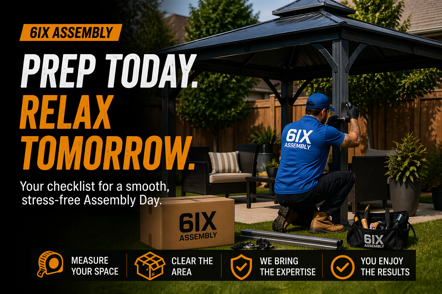 6IX Assembly technician installing a backyard gazebo while homeowner setup checklist highlights prep for a smooth assembly day