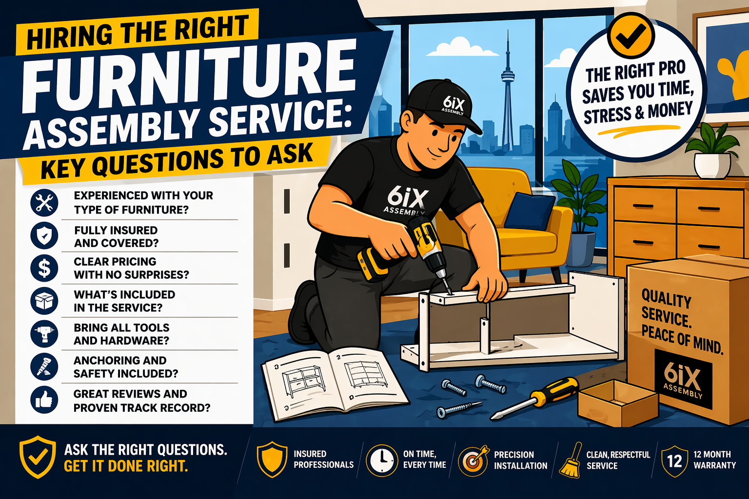 Illustration of a professional furniture assembler building a cabinet in a modern Toronto condo with a checklist of key questions to ask when hiring a furniture assembly service