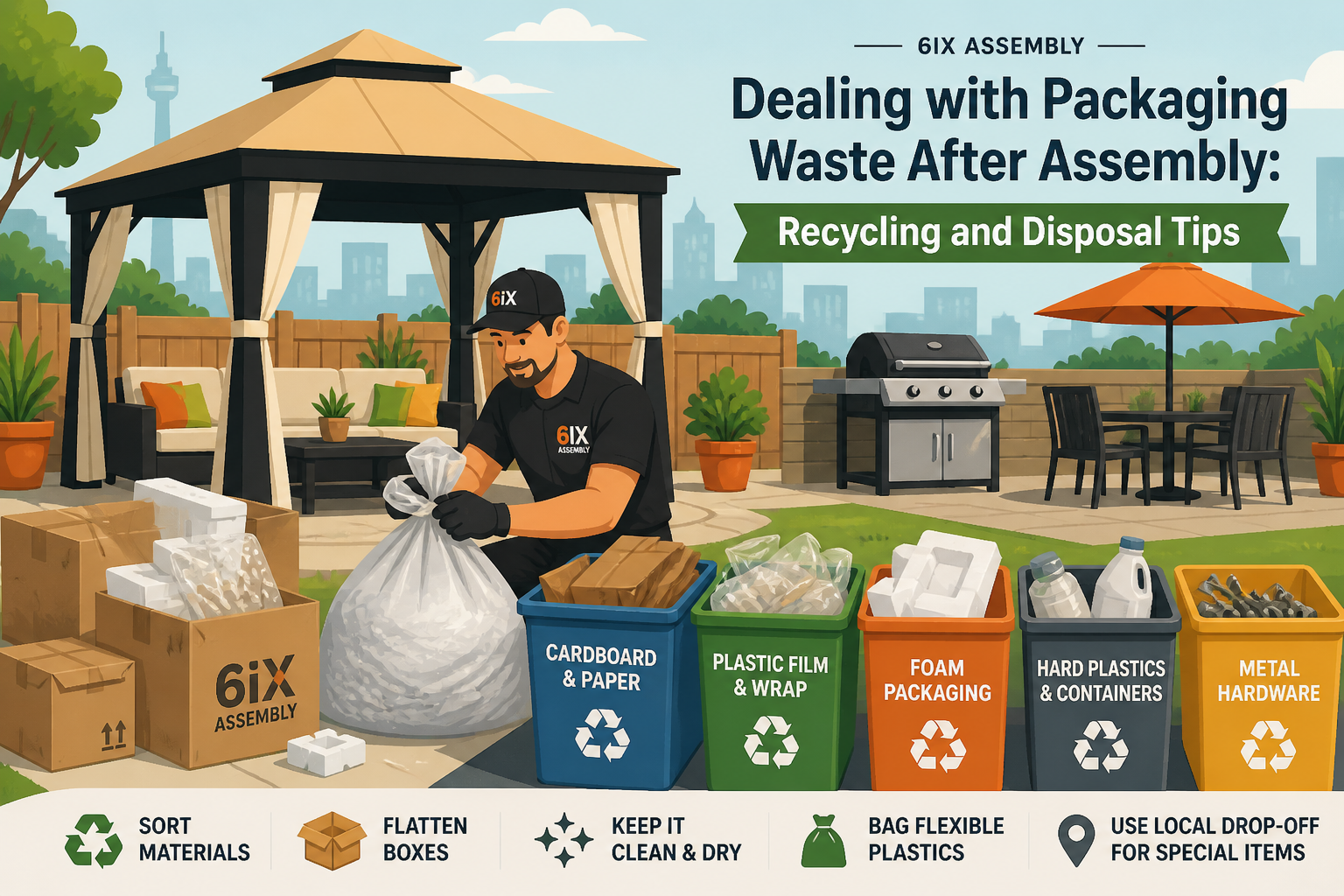 Sorting packaging waste after furniture assembly including cardboard, plastic wrap, foam, and hardware in a Toronto backyard