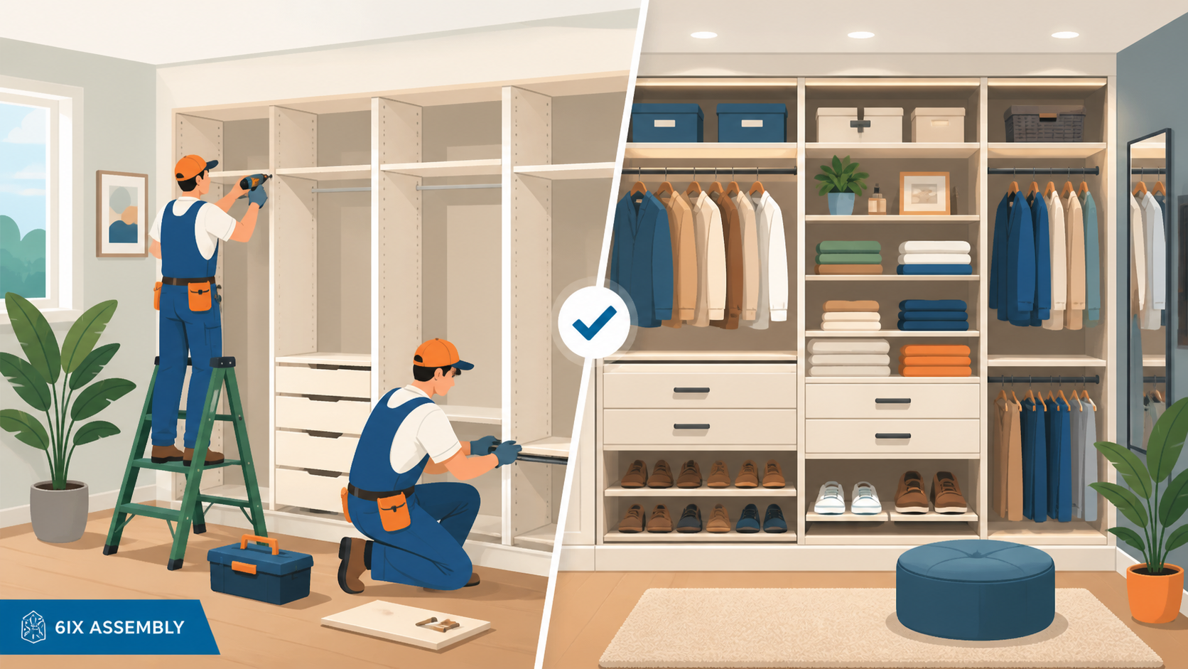 Professional closet system assembly in Toronto showing installers building a custom wardrobe beside a completed organized closet.