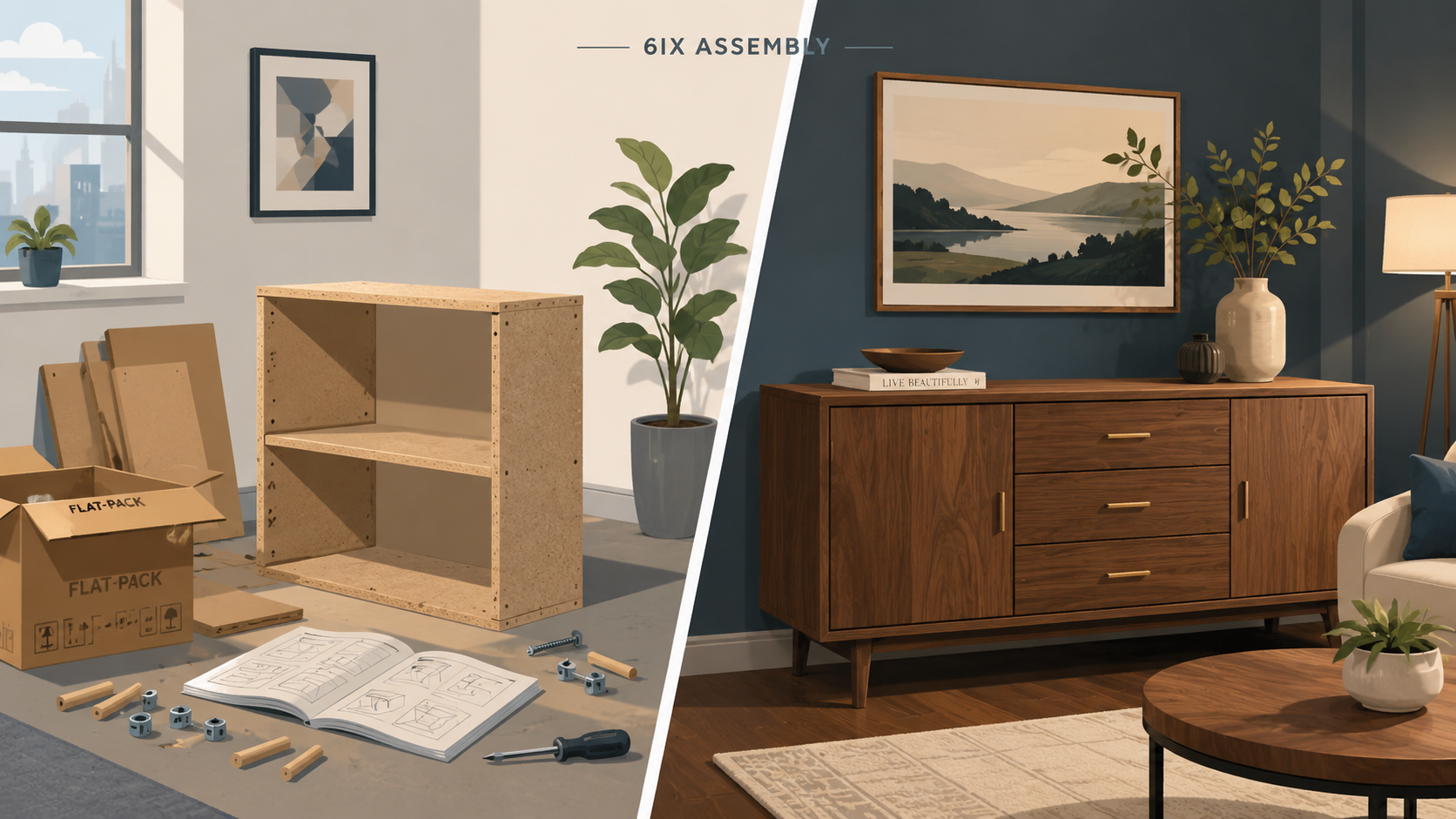 Side by side comparison of cheap flat pack furniture assembly and high end furniture quality in Toronto