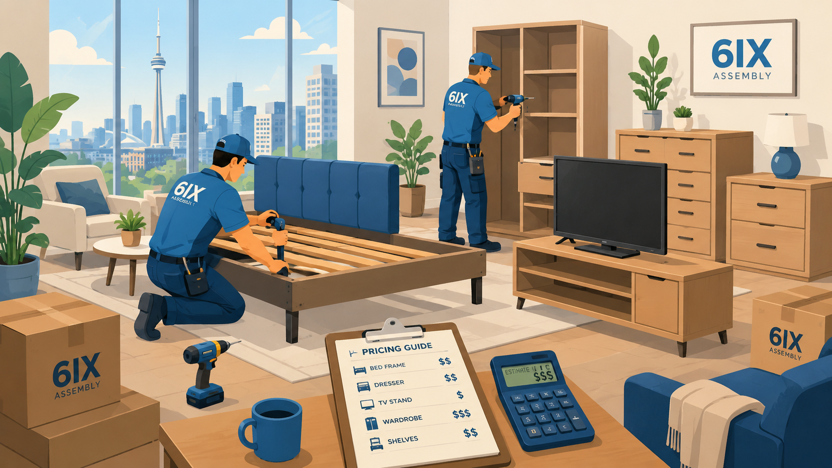 Illustration of 6IX Assembly technicians assembling furniture in a modern Toronto living room with a pricing guide, tools, boxes, bed frame, wardrobe, dresser, and TV stand.