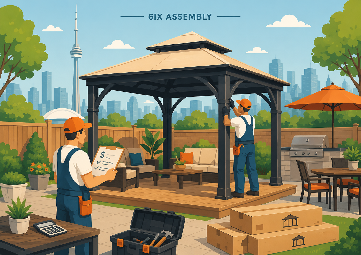 Professional installers assembling a hardtop gazebo in a Toronto backyard with patio furniture, outdoor dining space, and the city skyline in the background.