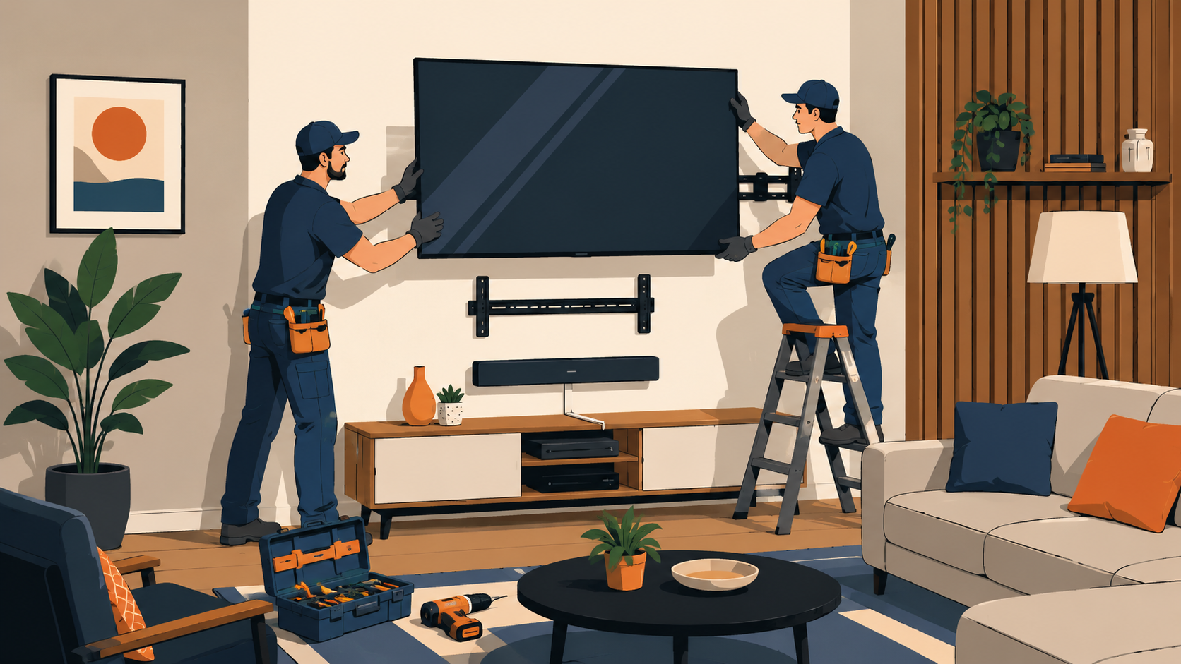 Bold illustration of professional TV mounting in a modern Toronto living room, showing two installers positioning a large wall-mounted TV above a media console.