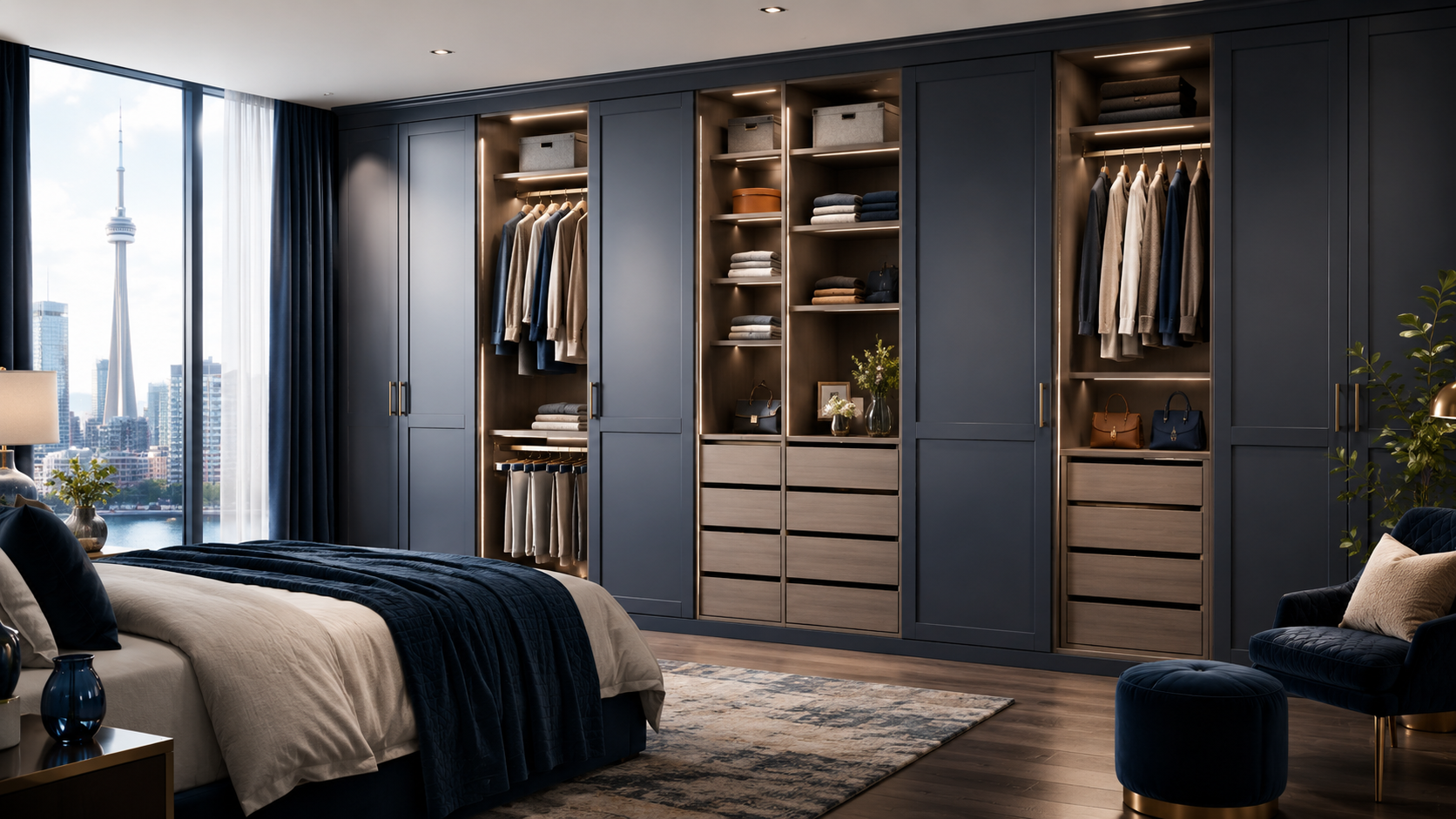 Premium IKEA PAX wardrobe assembly in a modern Toronto bedroom with clean built-in style alignment.
