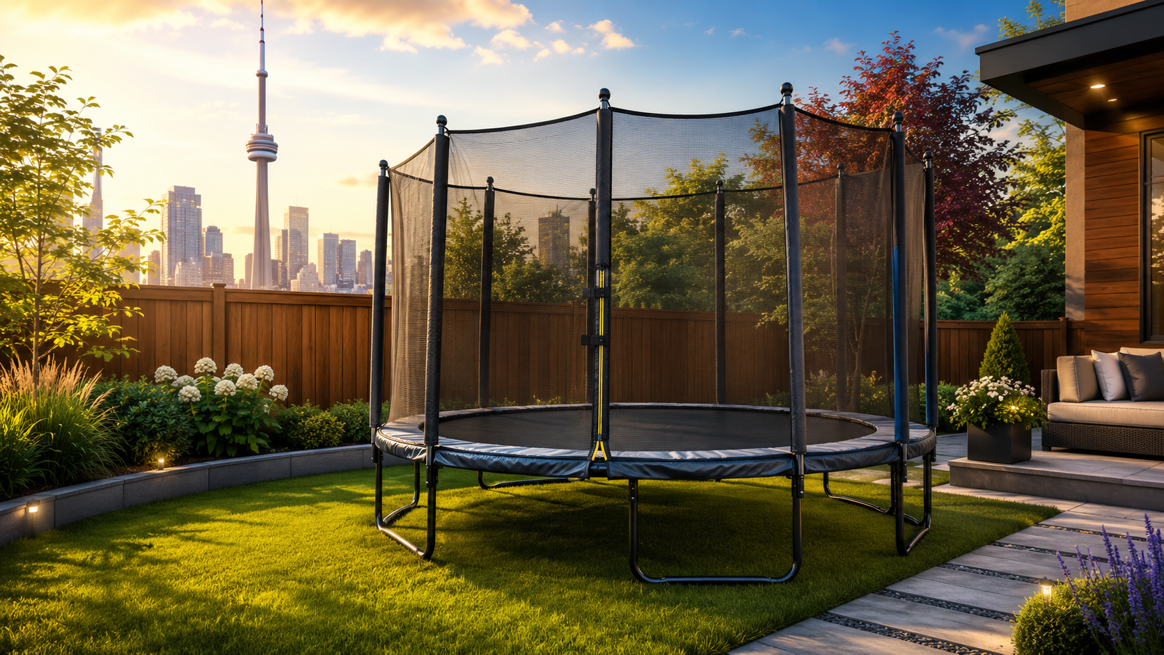 Premium backyard trampoline professionally assembled in a Toronto-area home with safety enclosure and clean finished setup.