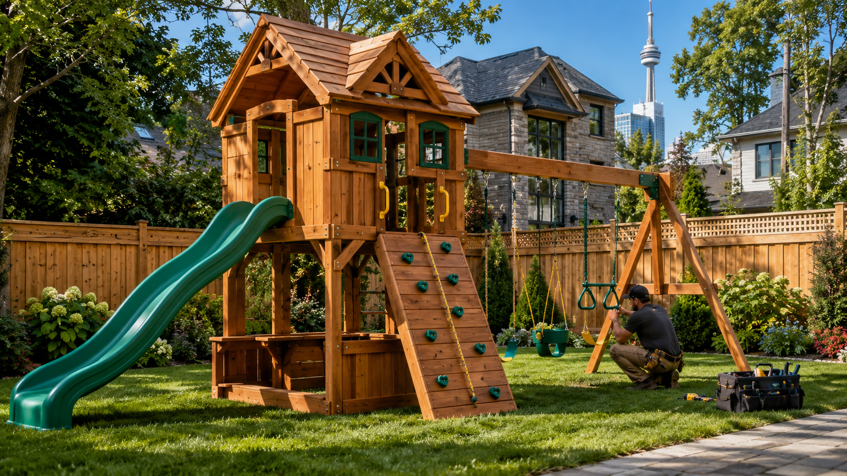 Premium wooden playset being professionally assembled in a Toronto backyard with slide, swings, climbing wall, and landscaped outdoor space.