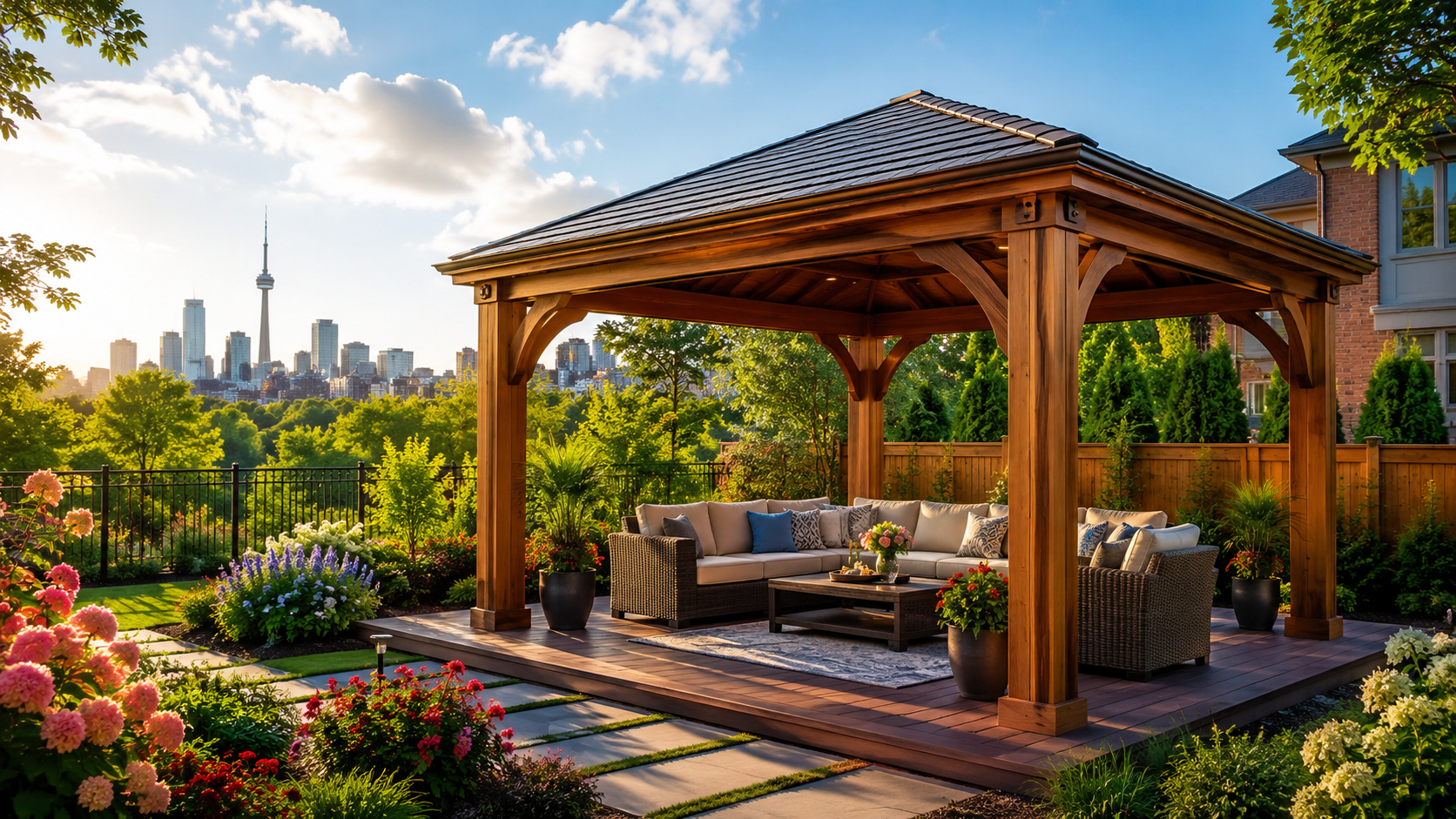 Premium wood gazebo assembly in a Toronto backyard with a cedar hardtop structure, landscaped garden, outdoor seating, and city skyline in the background.