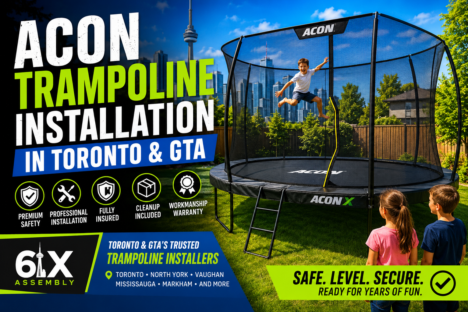 ACON trampoline installation in a Toronto backyard with safety enclosure, ladder, and family friendly outdoor setup