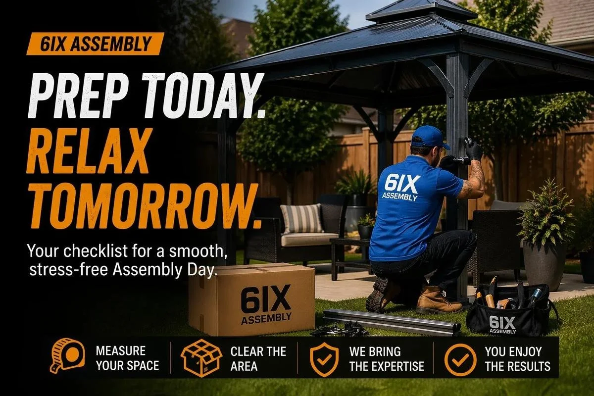 Assembly-day preparation graphic showing a gazebo installation, with reminders to measure the space and clear the area.