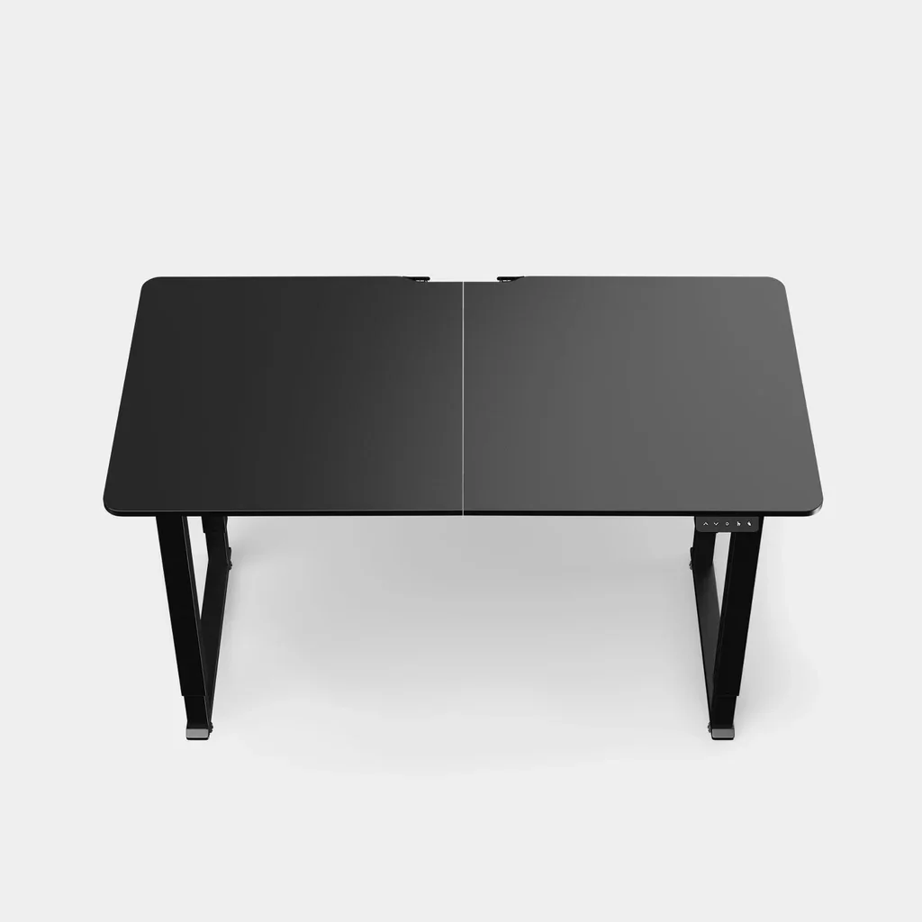 Black adjustable standing desk on a white background.