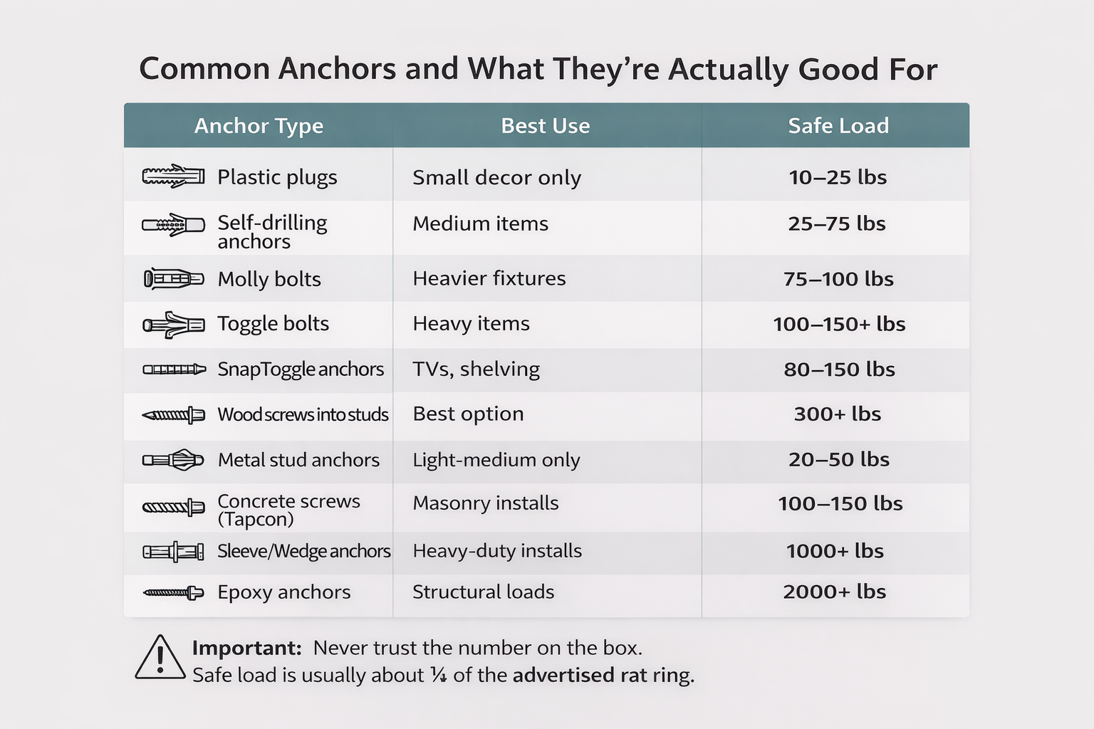 Chart showing wall anchor types, best uses, and safe weight limits for secure mounting