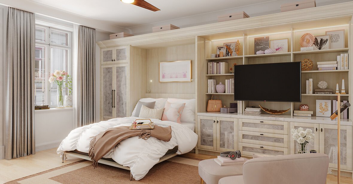 A cozy bedroom with a bed near a window, decorated with light-colored curtains, a white headboard, and soft pink and white pillows. The room features a built-in bookshelf and cabinets with decorative items, books, and a large flat-screen TV. A beige armchair is in the foreground with a book, headphones, and a small table with a white flower arrangement, creating a warm and inviting atmosphere.
