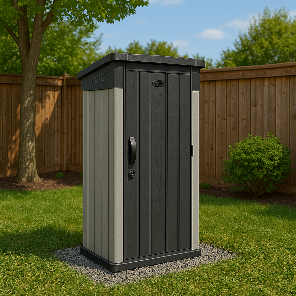 A grey storage shed with black trim and a black roof in a backyard, surrounded by green grass, trees, and a wooden fence.