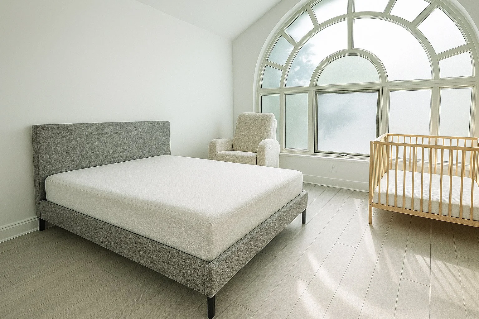 A minimalistic nursery bedroom with a gray upholstered bed, a white armchair near a large arched window, and a wooden crib, all in a bright room with white walls and light-colored flooring.