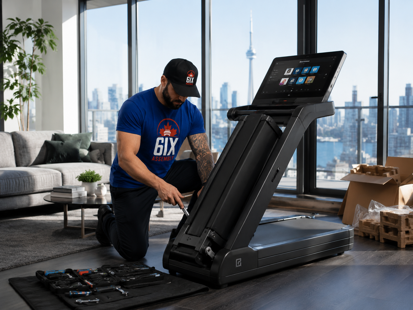 6IX Assembly technician assembling a smart treadmill in a downtown Toronto condo with city views.