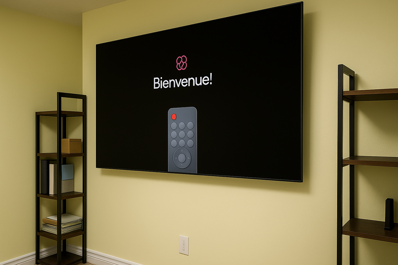 A television mounted on a yellow wall displaying a welcome screen with the word 'Bienvenue!', an illustration of a TV remote, and a pink logo above the text.