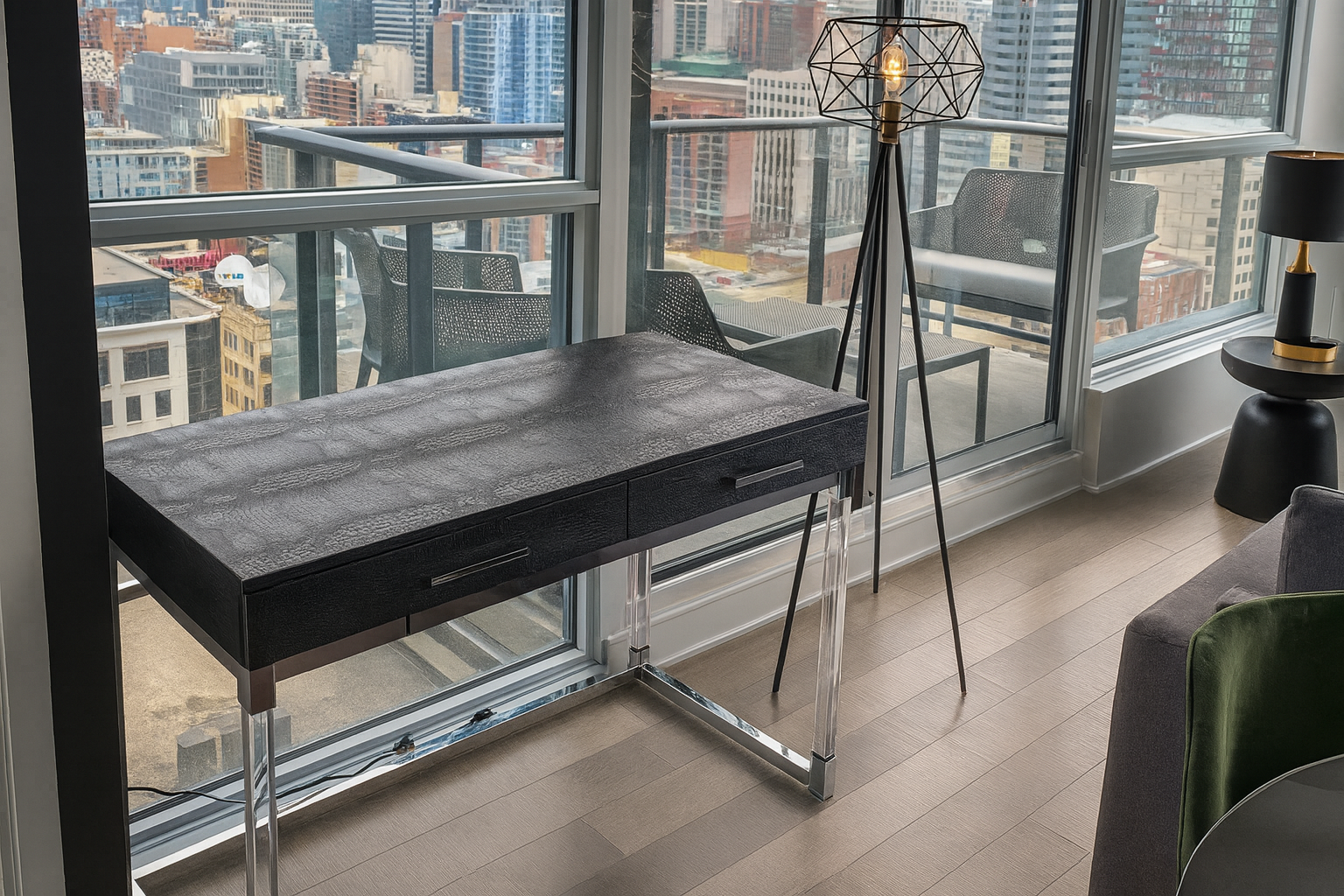 Modern living room with large windows overlooking a city skyline, featuring a black textured desk with metal legs, a floor lamp with a geometric wireframe shade, a black side table with gold accents, and green and gray upholstered chairs.