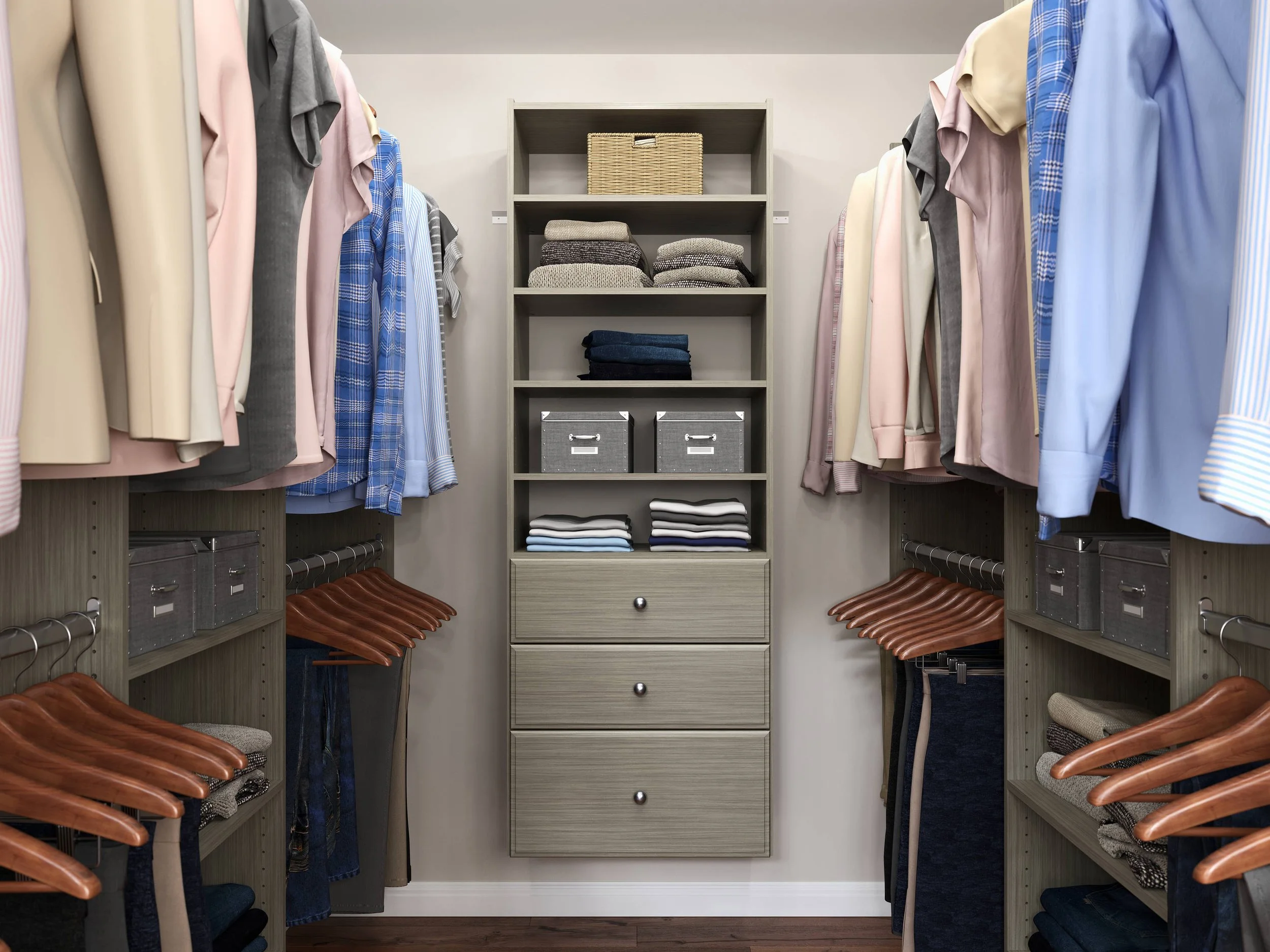 Walk-in closet with shelves of folded clothes, hanging shirts, and boxes.