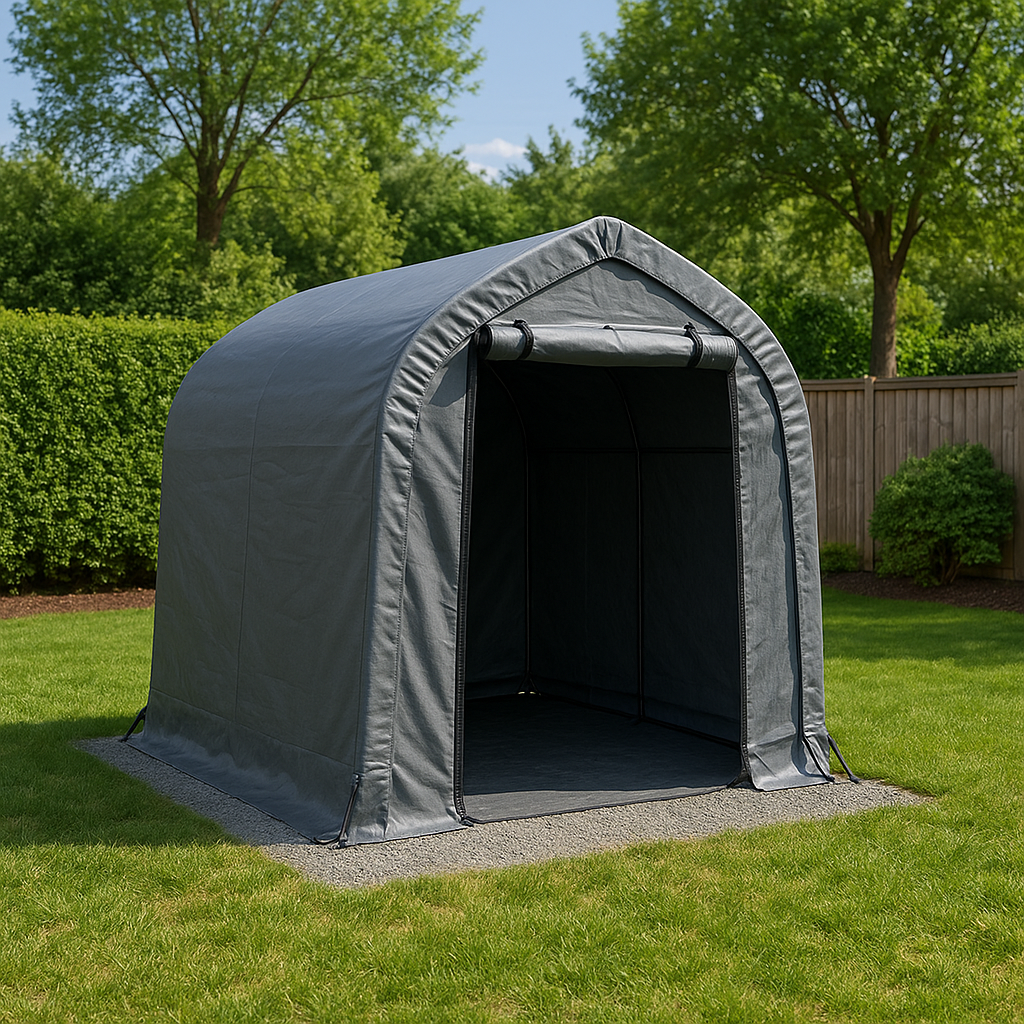 Grey outdoor storage shed in a backyard with green grass and trees, surrounded by a wooden fence.