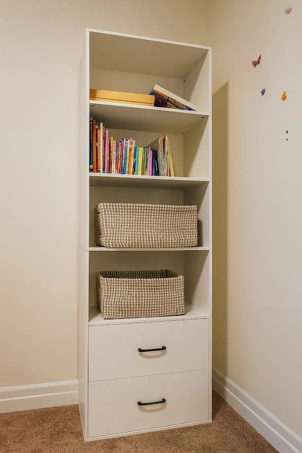 A tall white bookshelf with five shelves, containing colorful children's books, two beige woven baskets, and two drawers with black handles, situated in a room next to a wall with small butterfly stickers.