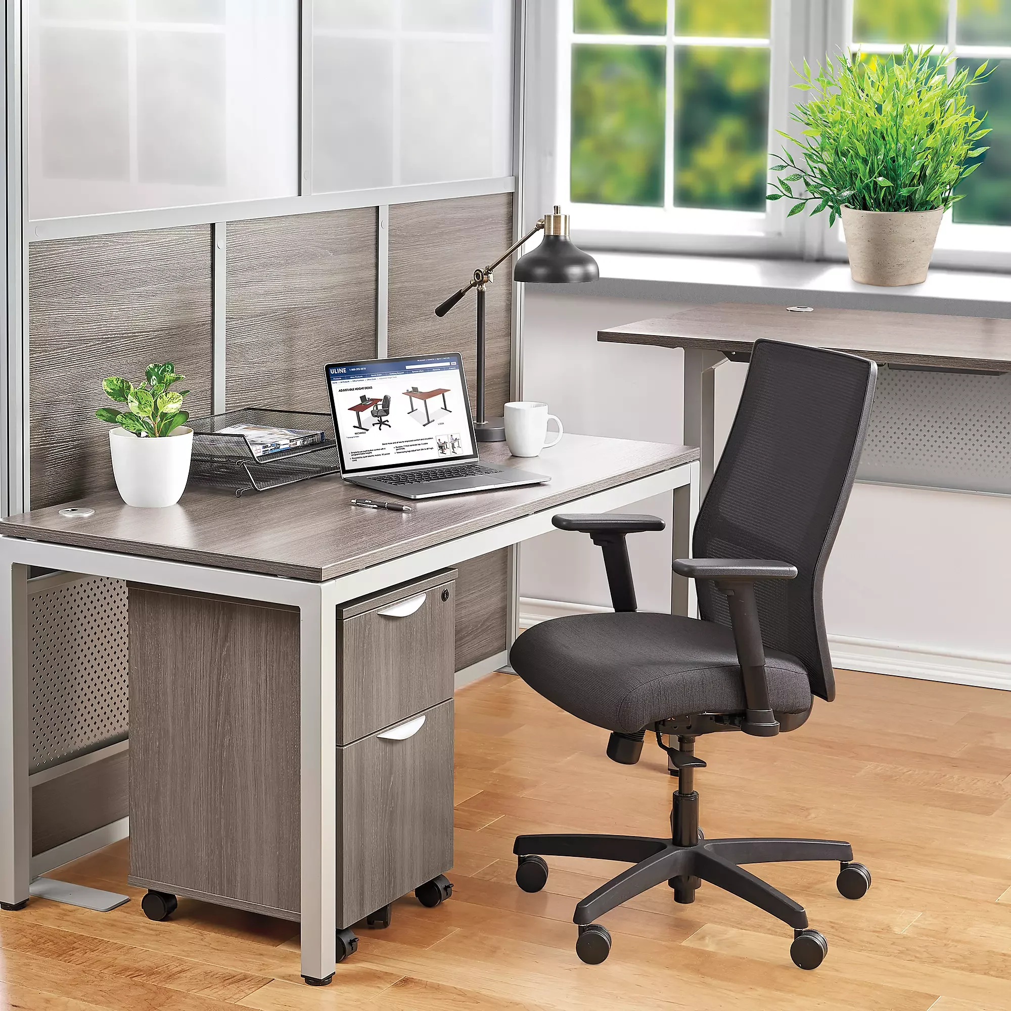 Modern office desk with a black ergonomic chair, a laptop, a white coffee mug, a black desk lamp, and potted plants, near a window with a view of green trees.