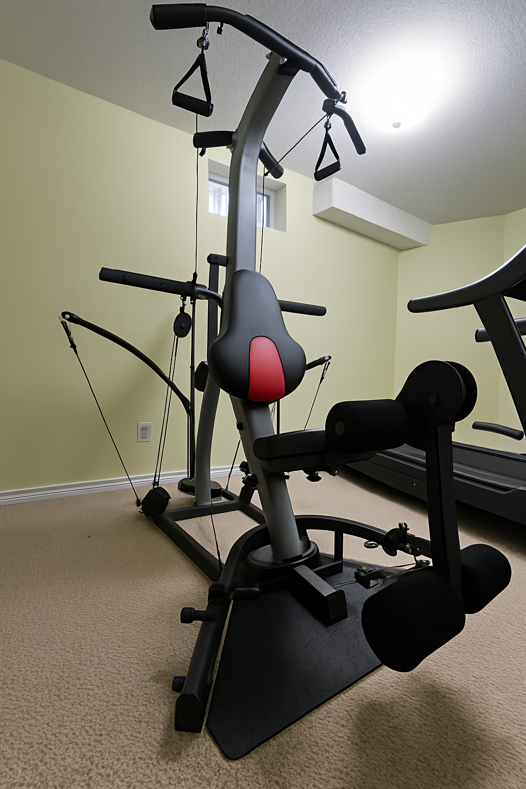 Home gym with a multi-functional workout machine in a room with beige carpet and light yellow walls, small window near the ceiling, and a treadmill in the background.