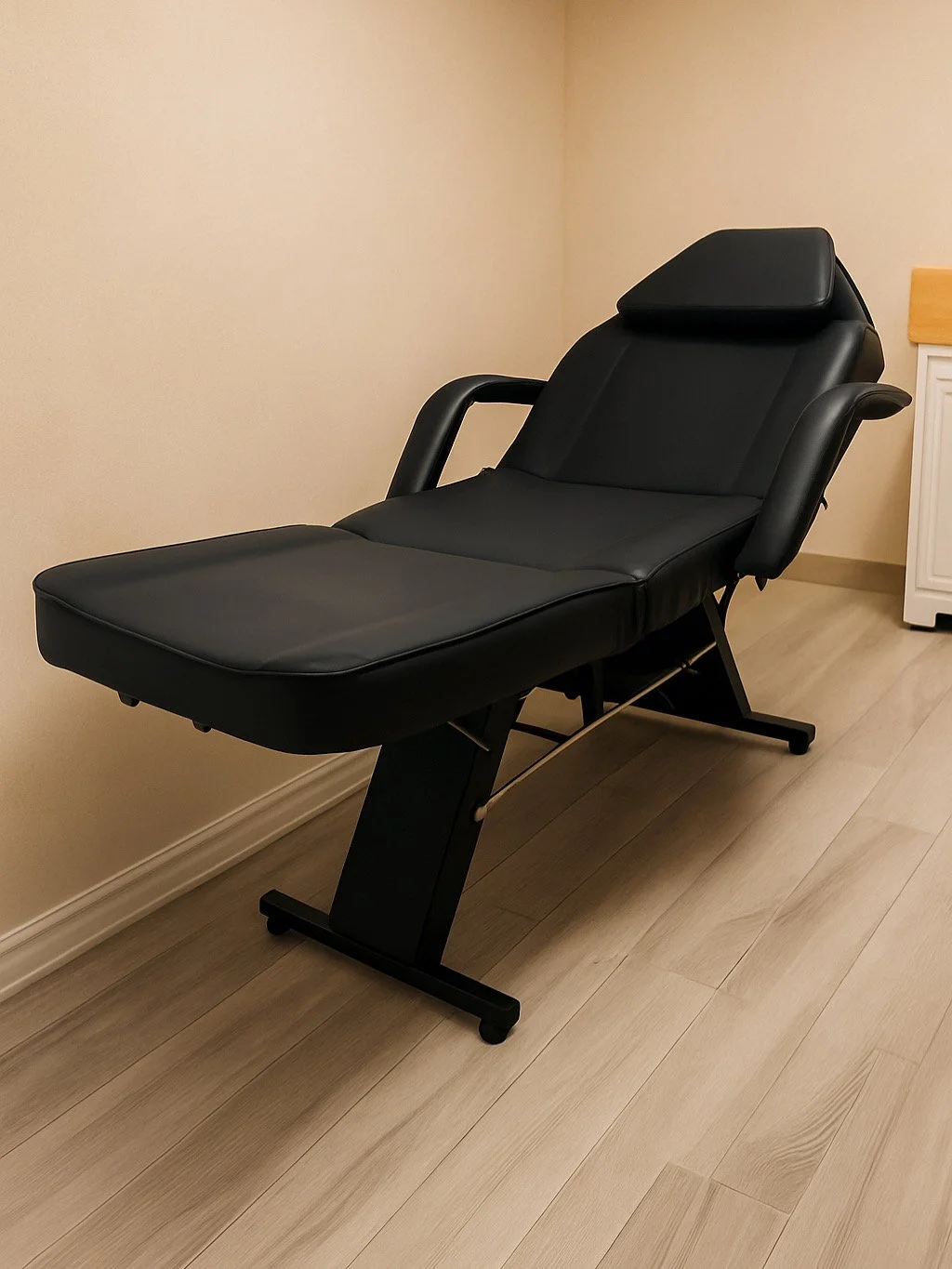 Black adjustable medical or massage chair in a room with beige walls and light wood flooring.
