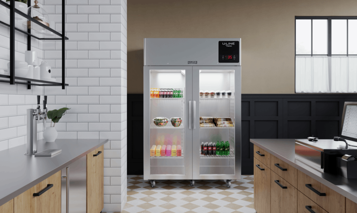 A refrigerated display case in a modern kitchen or café setting, stocked with drinks, salads, desserts, and snacks, with a digital temperature display reading 35 degrees.