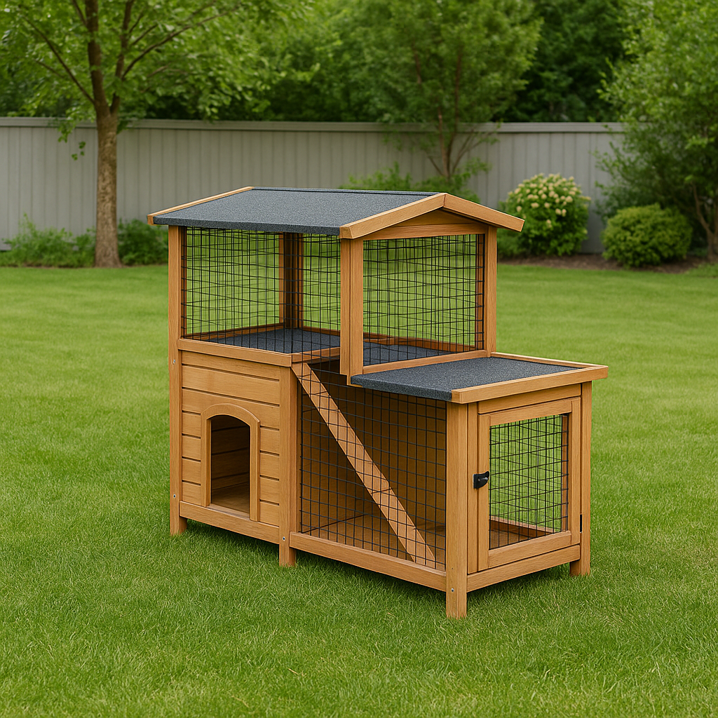 A two-story wooden outdoor animal cage with a small dog house on the bottom, a ramp, and mesh sides, situated on a grassy backyard.