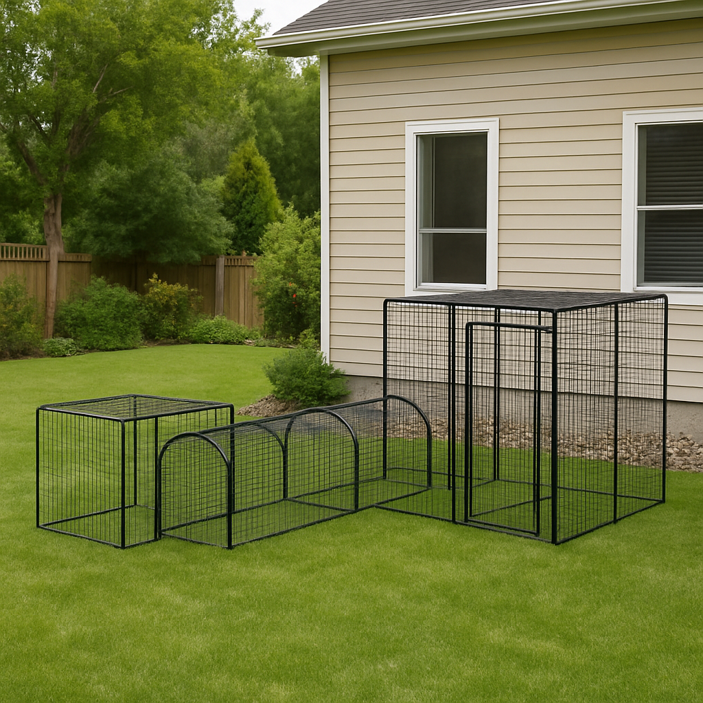 Set of black metal wire pet cages of various sizes on a lush green backyard lawn, with a beige house wall, windows, and a wooden fence surrounded by trees and bushes in the background.