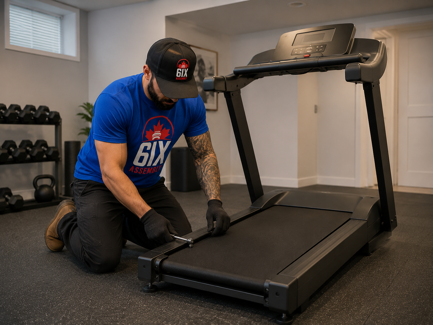 6IX Assembly technician tightening hardware on a treadmill in a finished basement home gym.