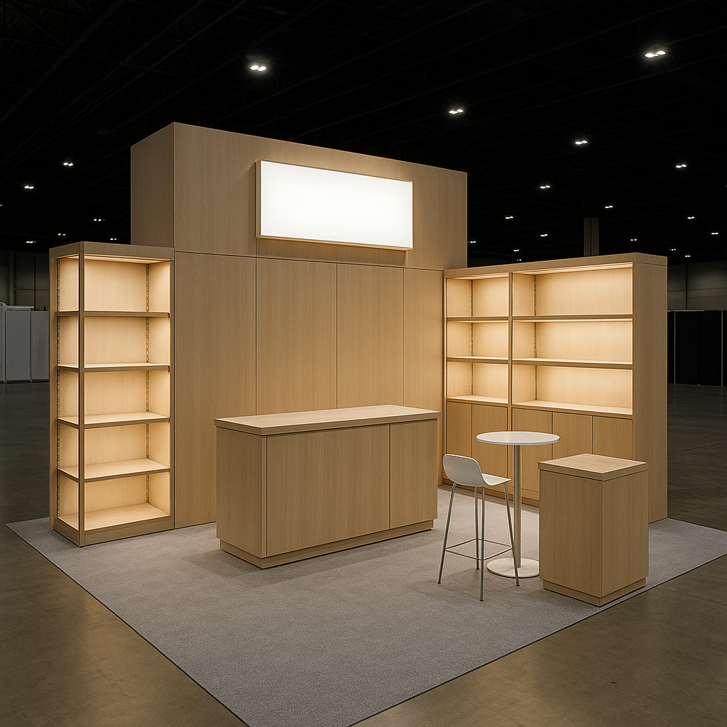 Empty retail display booth with wooden shelves, counter, small round table, and chair in an exhibition hall.