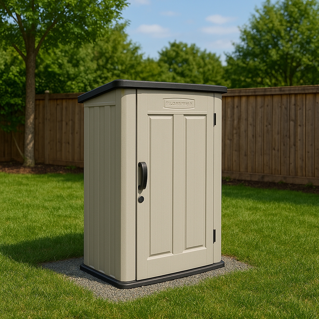 A beige outdoor plastic storage shed with a black roof, handle, and hinges, situated on a patch of gravel in a backyard with green grass, trees, and a wooden fence.