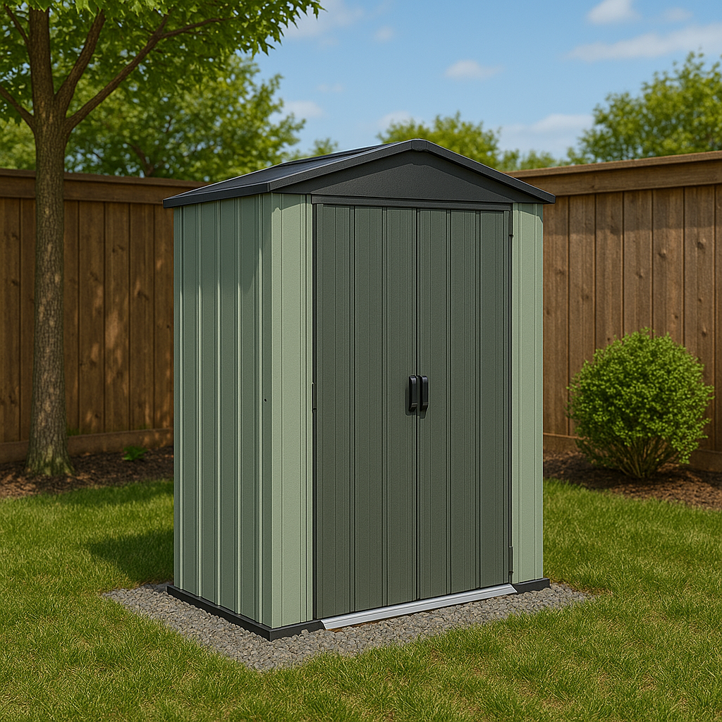 A green metal shed with black handles in a backyard, surrounded by a wooden privacy fence, grass, trees, and a blue sky with some clouds.