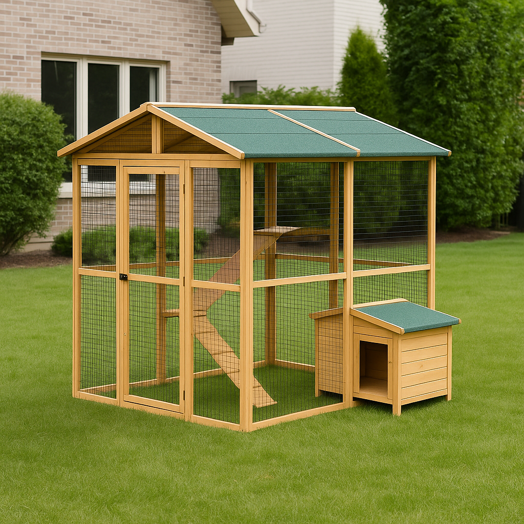 Wooden outdoor animal cage with a small house, green roof, and mesh sides, situated on a grassy lawn