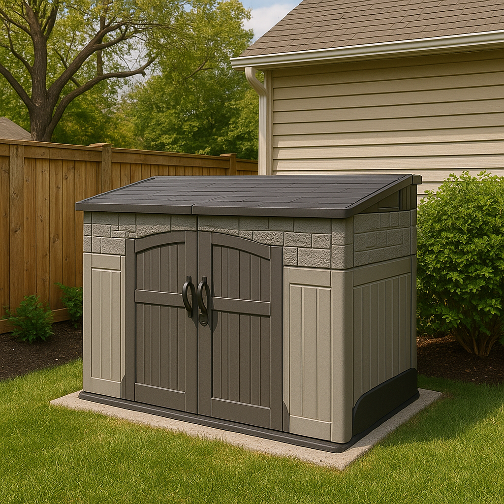Illustration of a grey double-door storage shed on a rectangular base beside a wood fence and house.