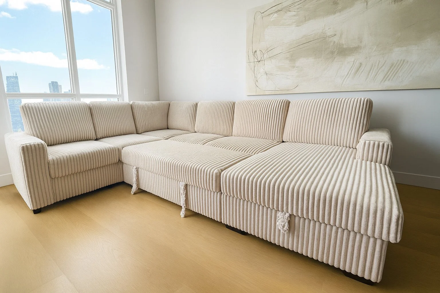 A large beige striped sectional sofa in a modern living room with wooden flooring, large windows, and abstract artwork on the wall.