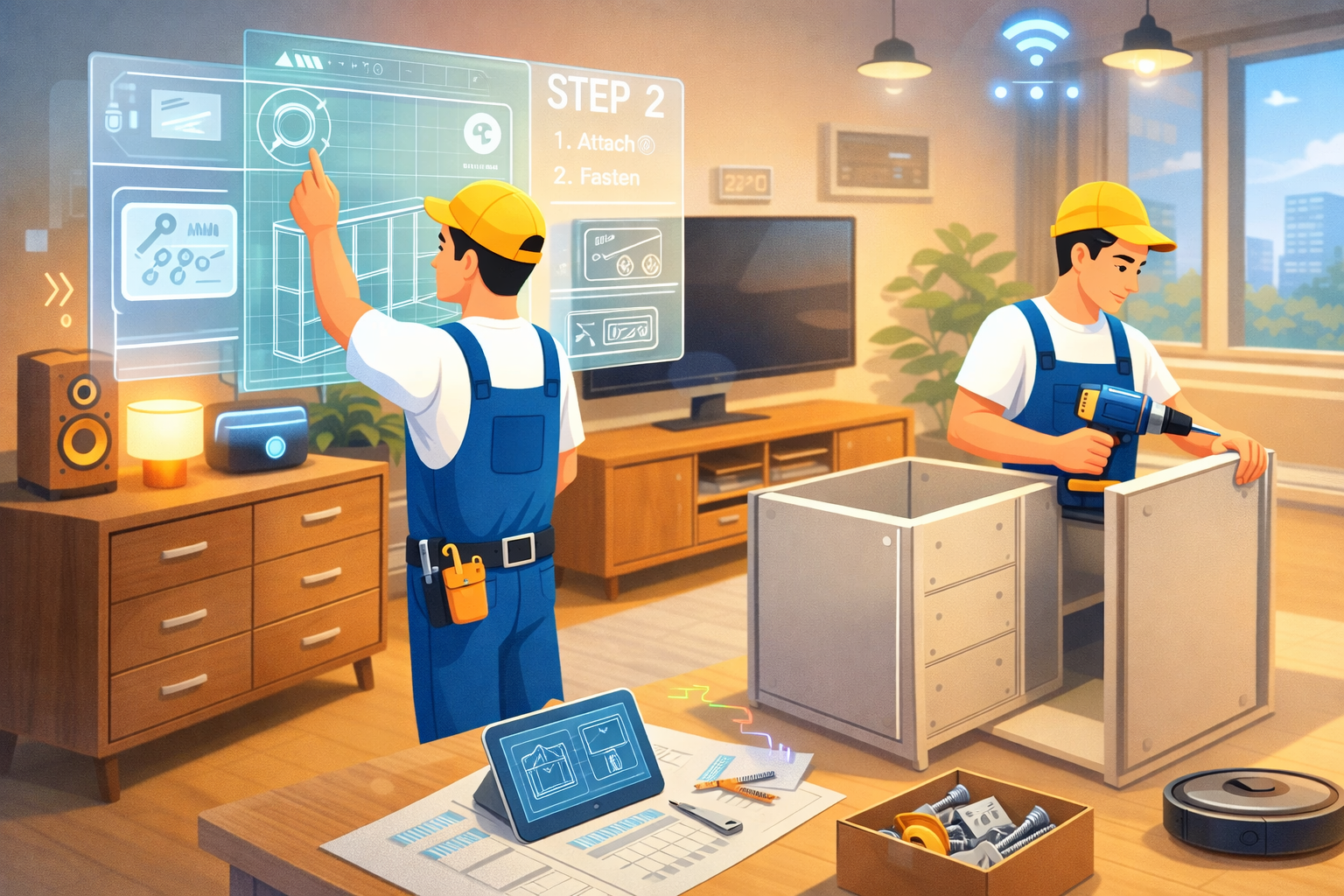 Minimalist colorful illustration depicting smart furniture, AR assembly guides and modular designs in a contemporary home