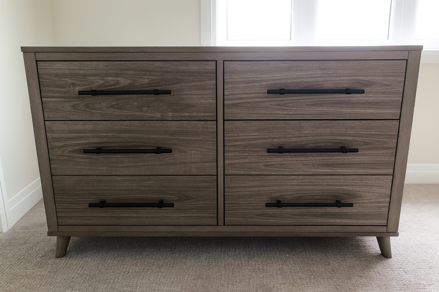A modern wooden dresser with six black handles, standing on four angled legs in a room with beige carpet and a window in the background.