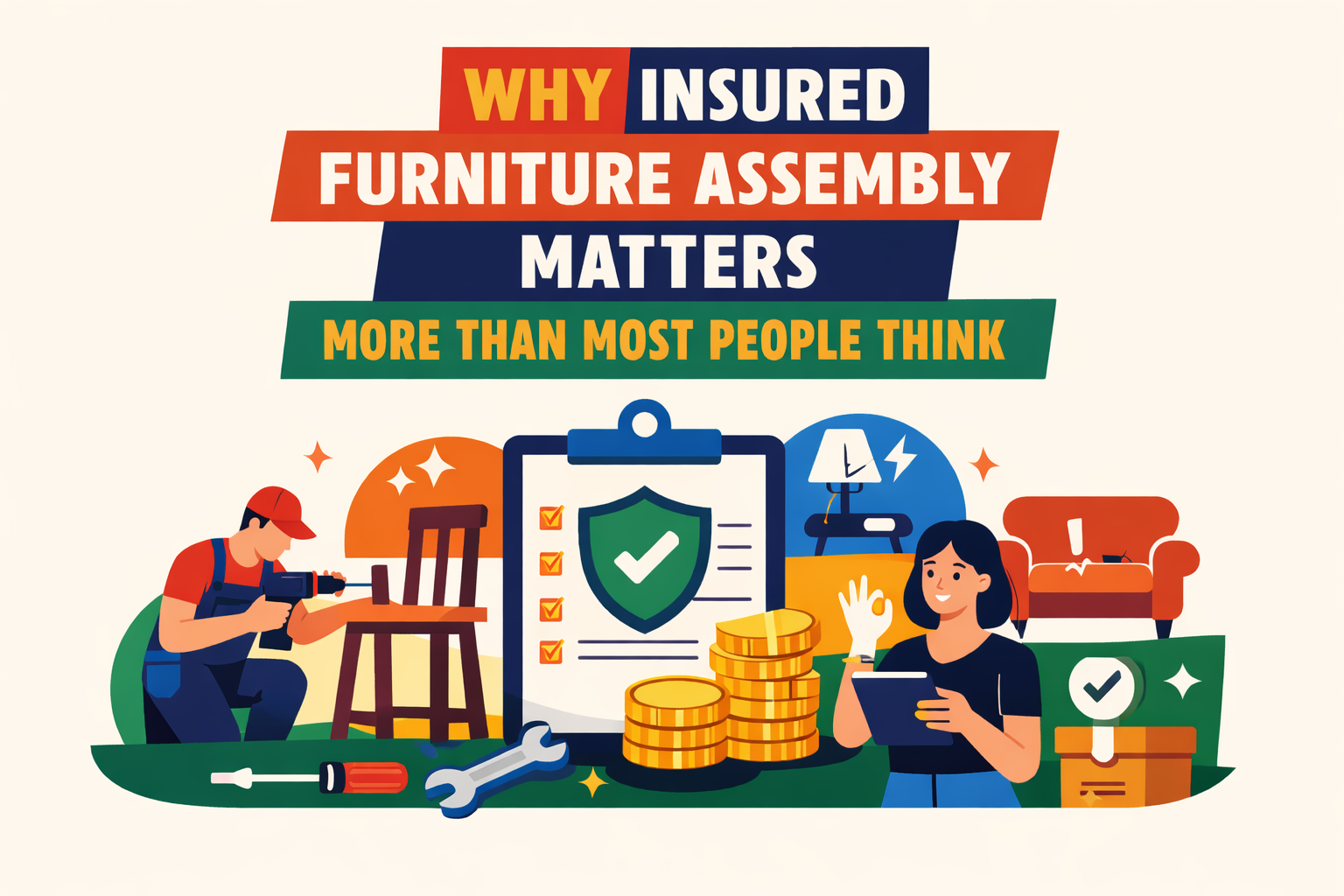 Insured furniture assembly illustration showing professional installer, tools, and safety protection concepts
