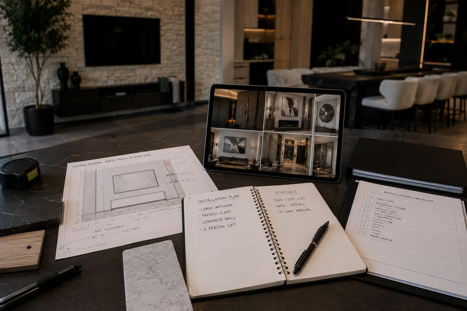 Interior design plans, installation notes and project references prepared for a professional wall installation in a luxury home.